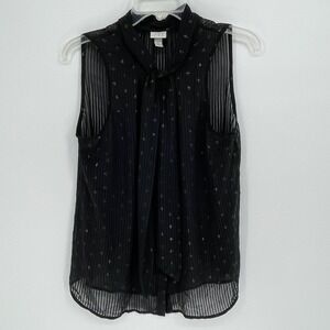 A New Day Women's Black Tie Neck Sheer Metallic Sleeveless Blouse Size L